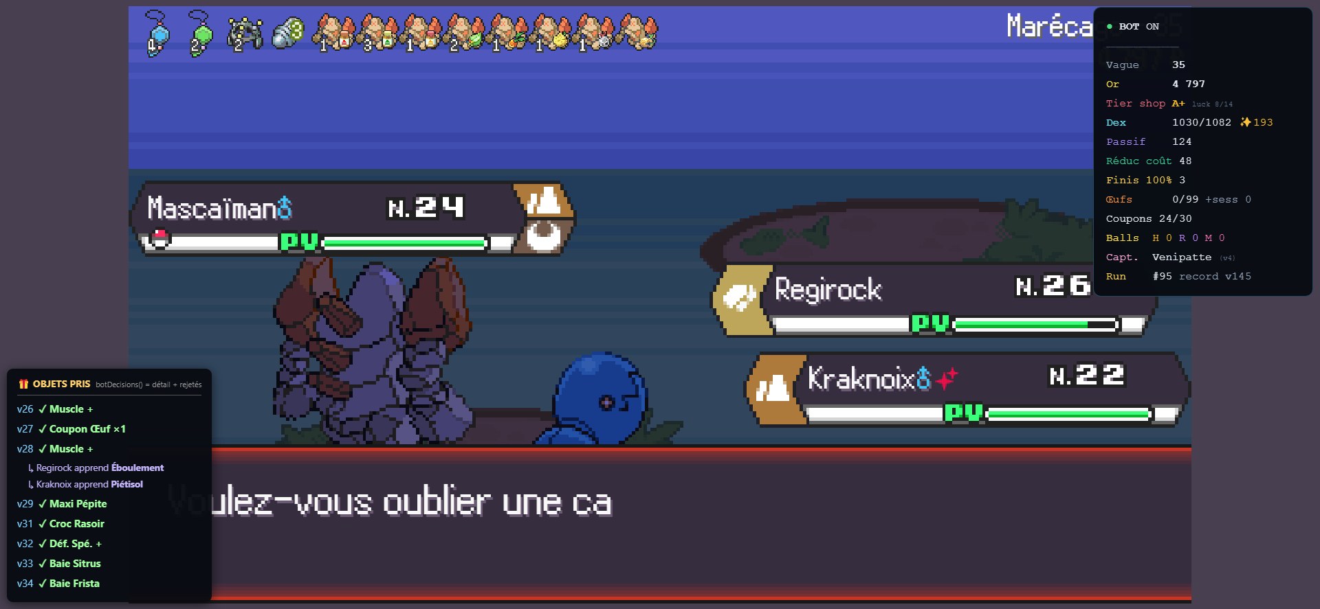 Agent PokeRogue — le bot en action : combat + tableau de bord live